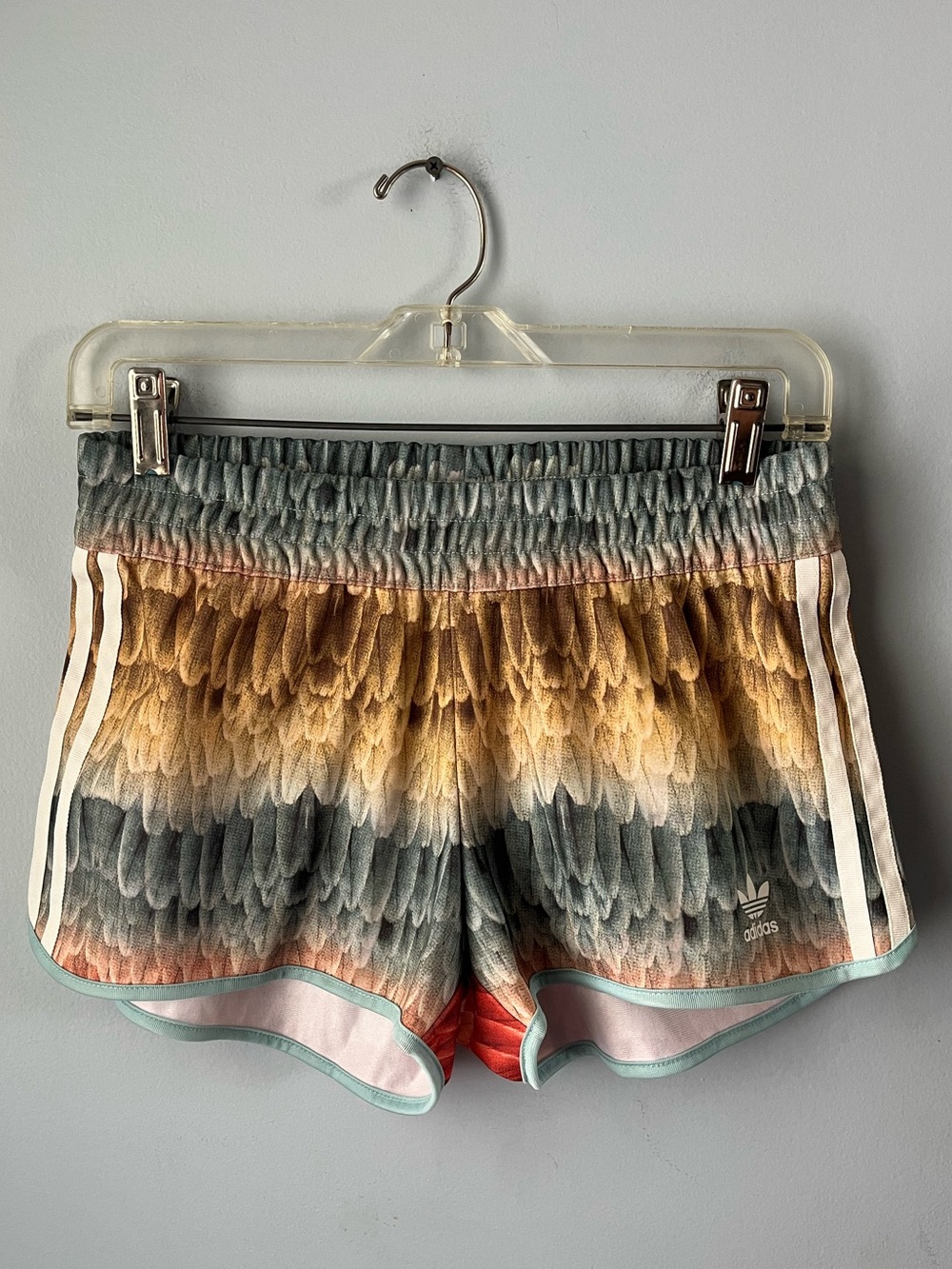 Adidas Originals x Rita Ora O-Ray Feather Print Gold & Blue Dolphin Shorts XS